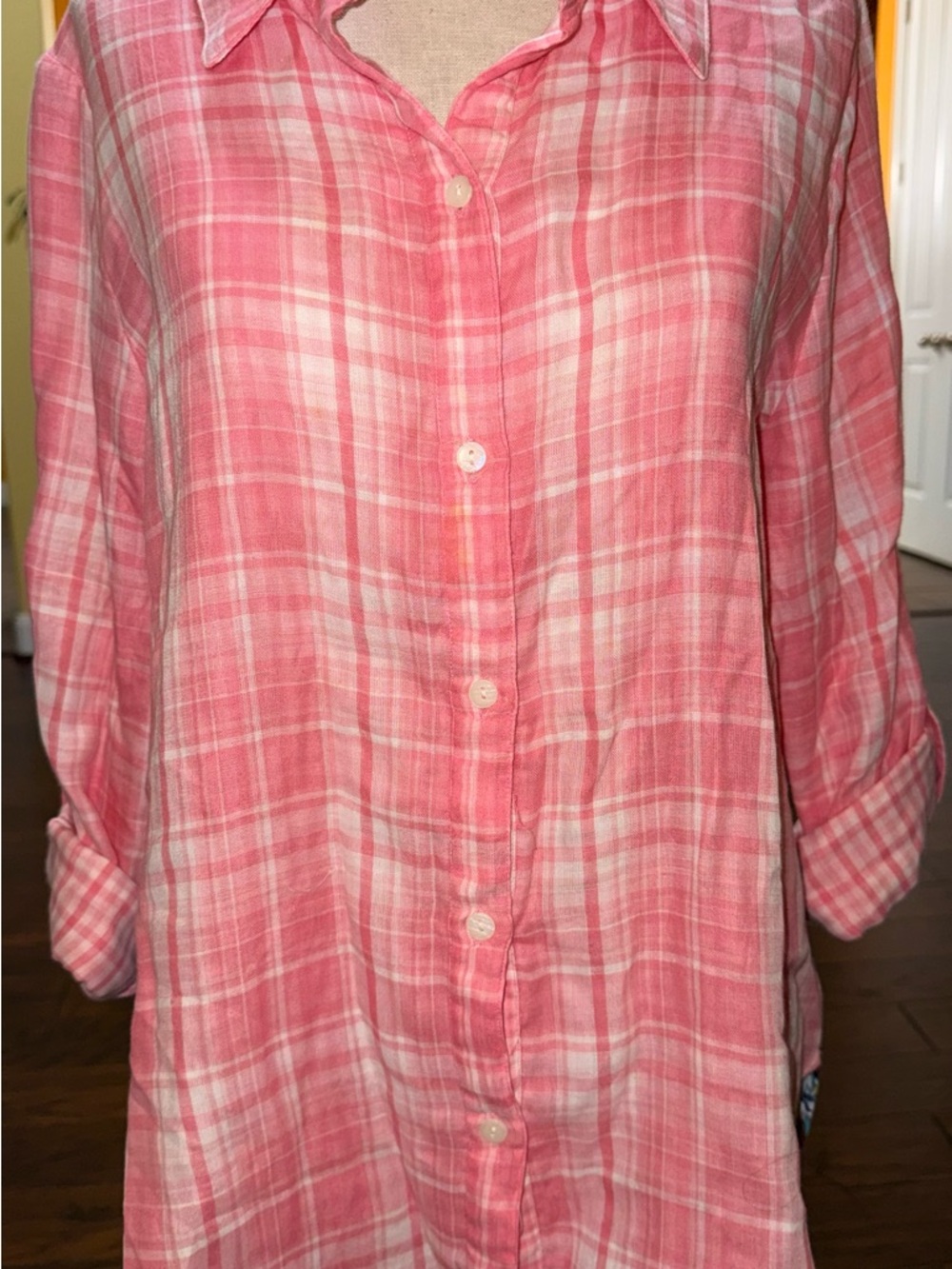 Allison Daley Pink Plaid Front Button-Up Tunic Shirt Flowered Back